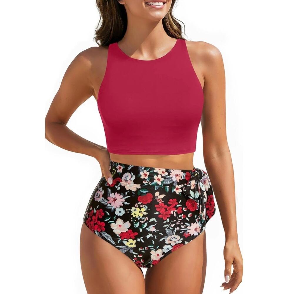 Aqua Eve Women Red Floral Bikini Set High Waist Crop Top 2 Piece XL NWT